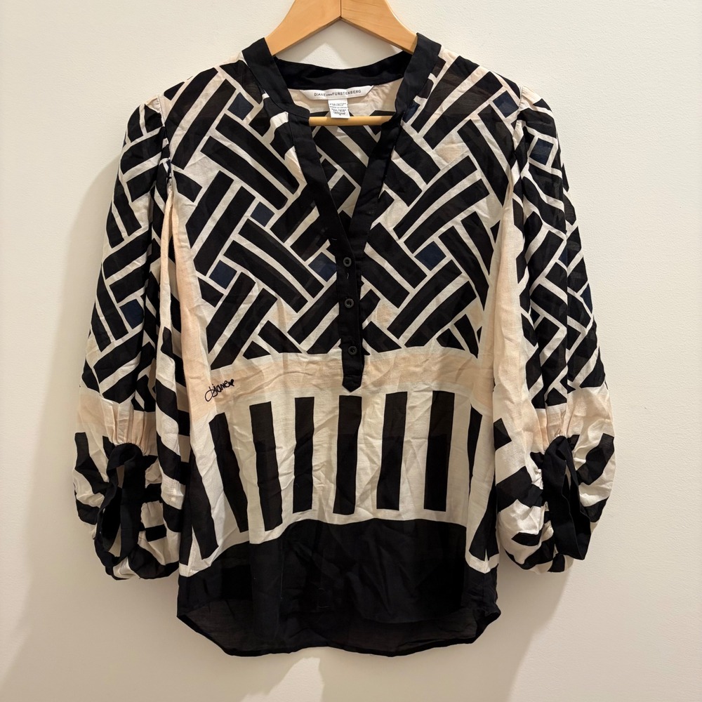 Diane von Furstenberg DVF Black Cream Geometric Cotton Silk Blouse Top 4